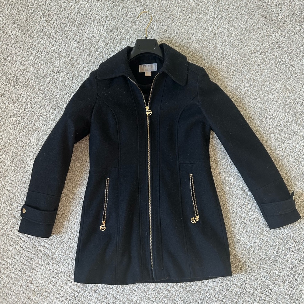 Michael Kors Black Pea Coat with Gold Accents